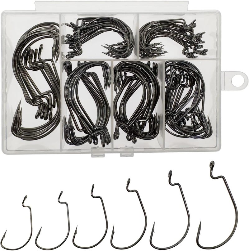 Afmivs Worm Hooks for Bass Fishing Hooks, 110pcs Bass Hooks Fishing, 6 Sizes Fishing Hooks Freshwater, Eagle Claw Hooks #1 1/0 2/0 3/0 4/0 5/0 Black High Carbon Steel with Portable Plastic Box - Image 1